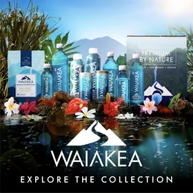 Waiakea water being poured into a glass for refreshing hydration.