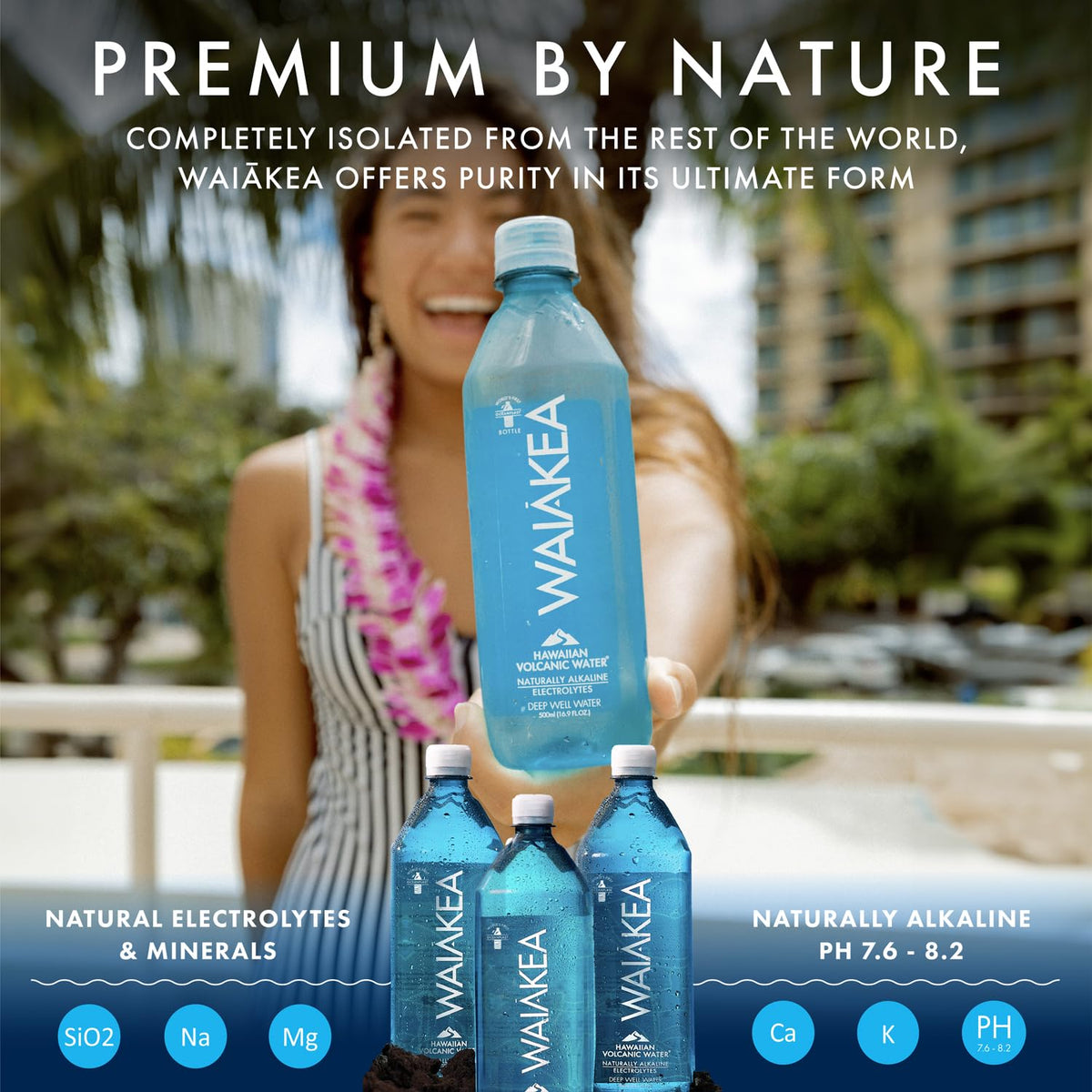 Waiakea water pours into a glass, highlighting refreshing hydration.