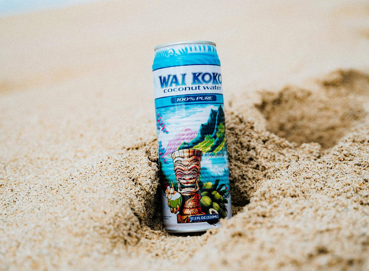 Wai Koko coconut water label closeup highlights purity and natural ingredients.