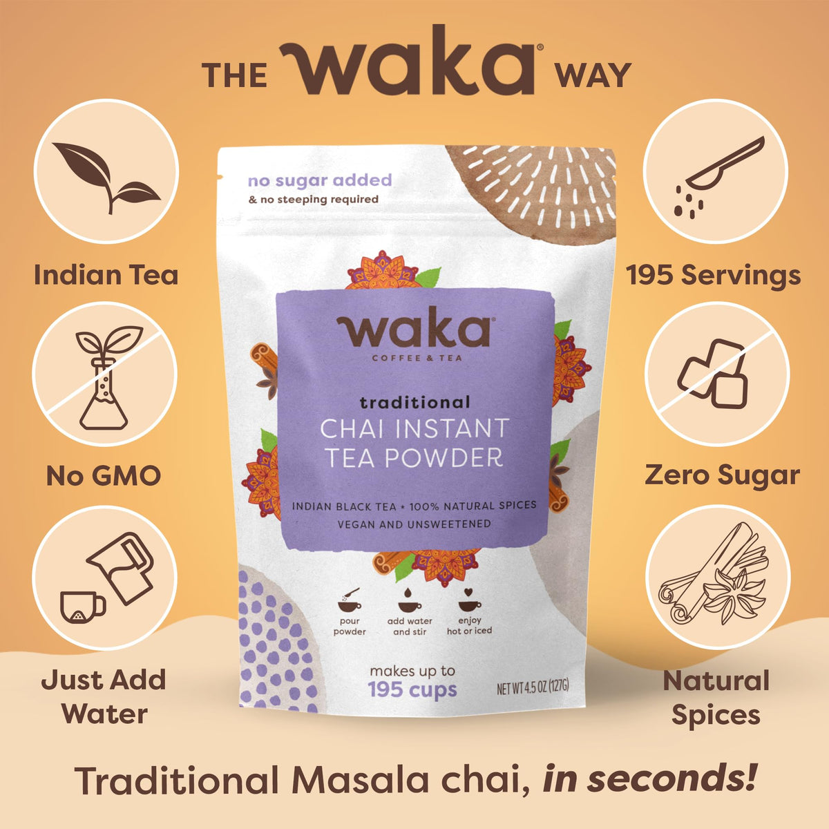 Waka chai powder being scooped for a quick, sugar-free mix.
