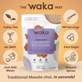 Waka chai powder being scooped for a quick, sugar-free mix.