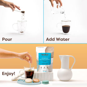 At-home barista setup with Waka Instant Coffee for quick brews