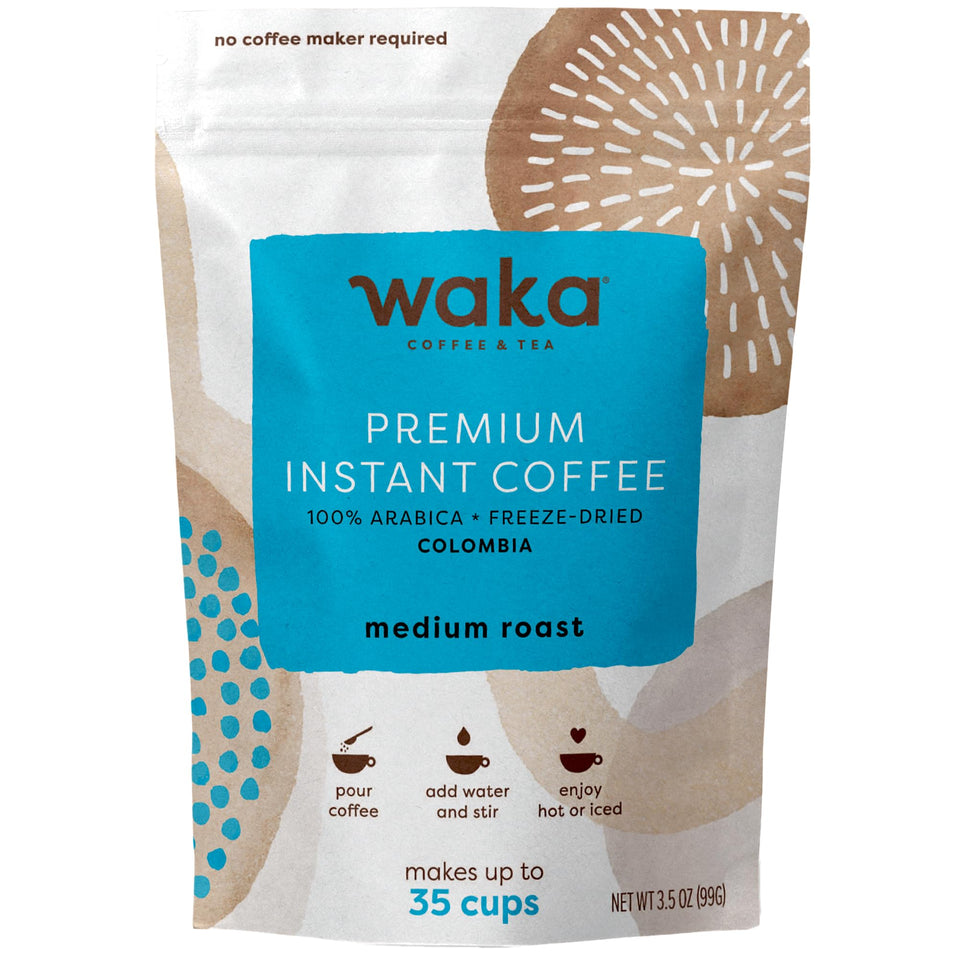 Waka Instant Coffee medium roast bag displayed for home brewing, showcasing packaging and aroma