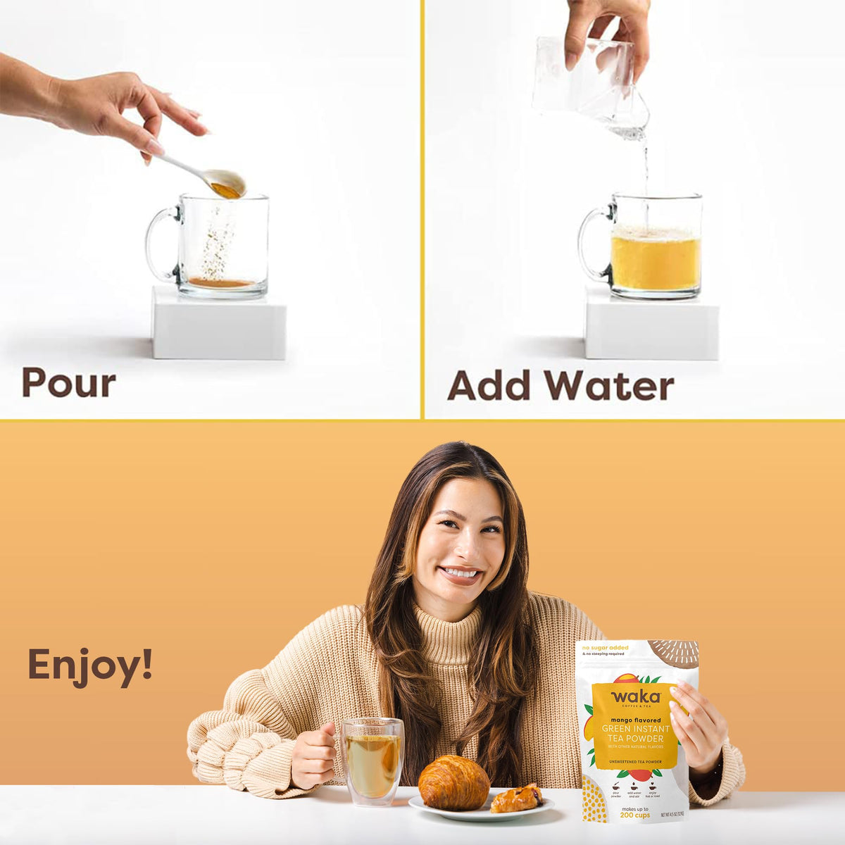 Waka Green Tea Mango mix with milk to create a creamy iced tea