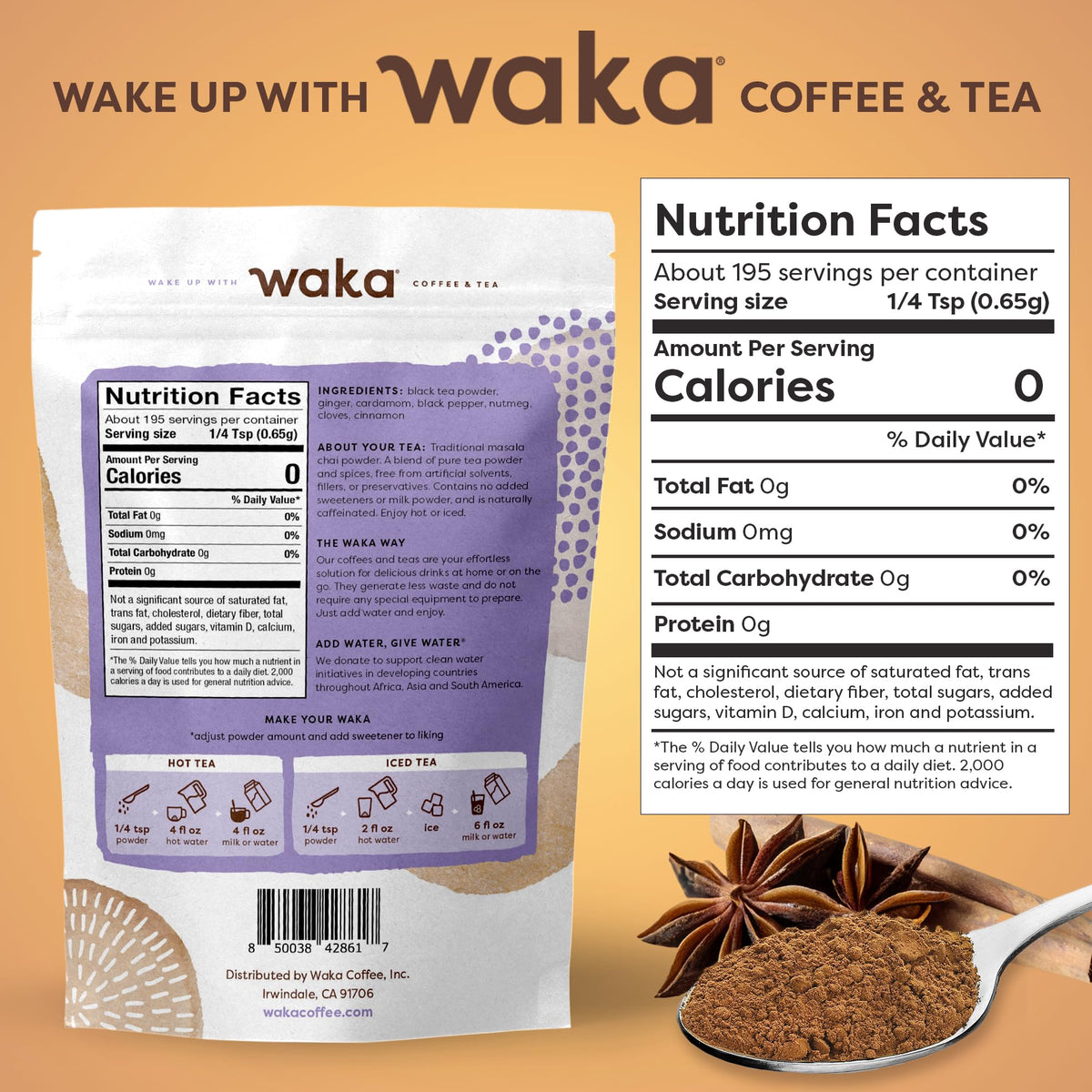 Waka chai ingredients label highlighting pure Indian black tea and spices.