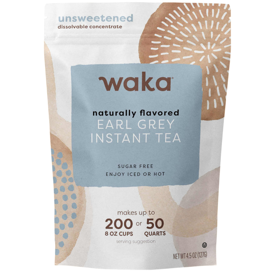 Waka Instant Black Tea Earl Grey front packaging shows premium Indian black tea for fast, flavorful cups