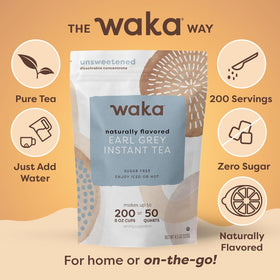 Waka Earl Grey scoop demonstrates instant powder dissolving in seconds for quick tea