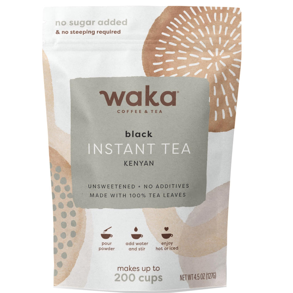 Waka Instant Black Tea Kenyan powder bottle, convenient unsweetened tea at home