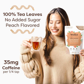 Eco-friendly packaging for Waka peach tea mix.