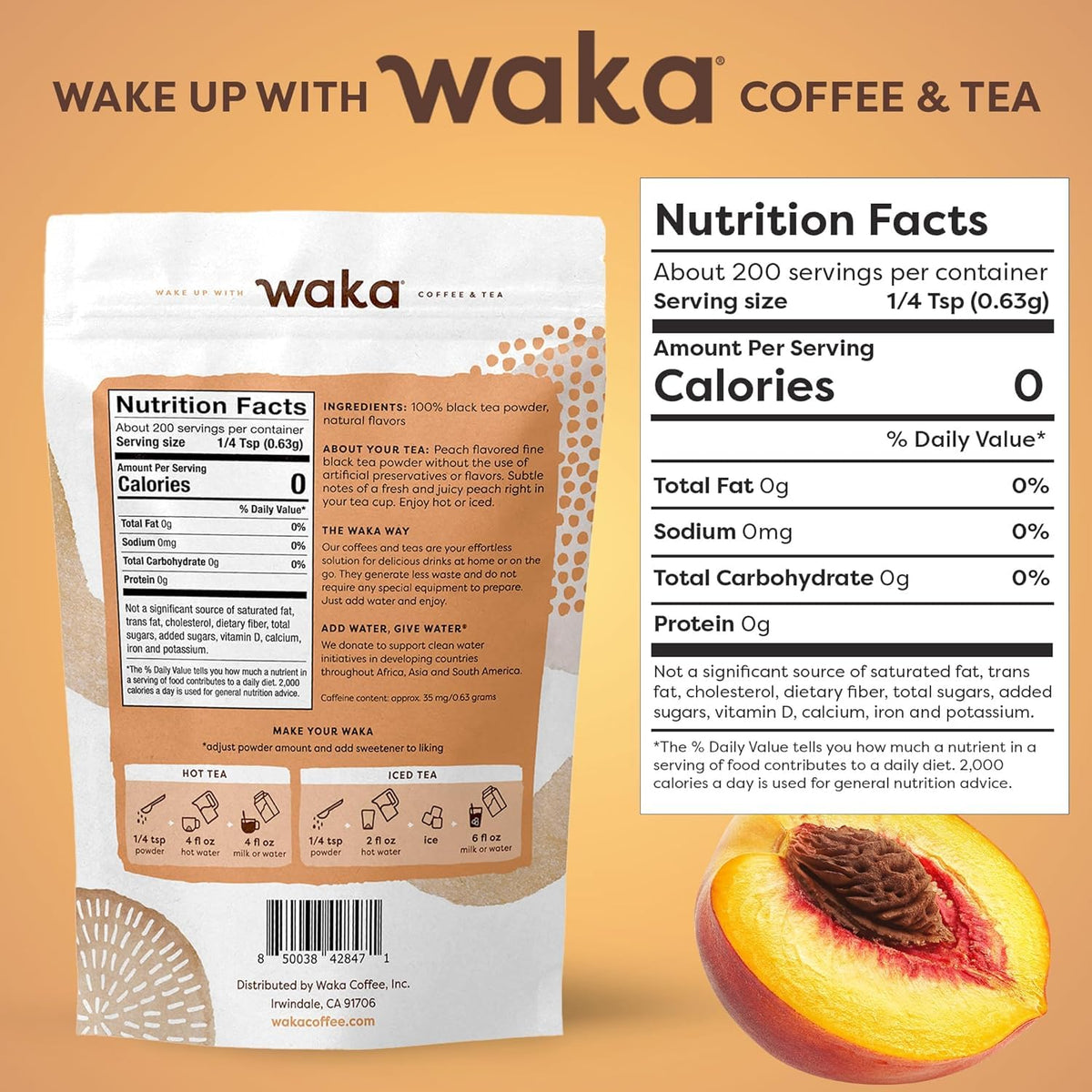 Waka Instant Black Tea Peach powder dissolves smoothly in water.