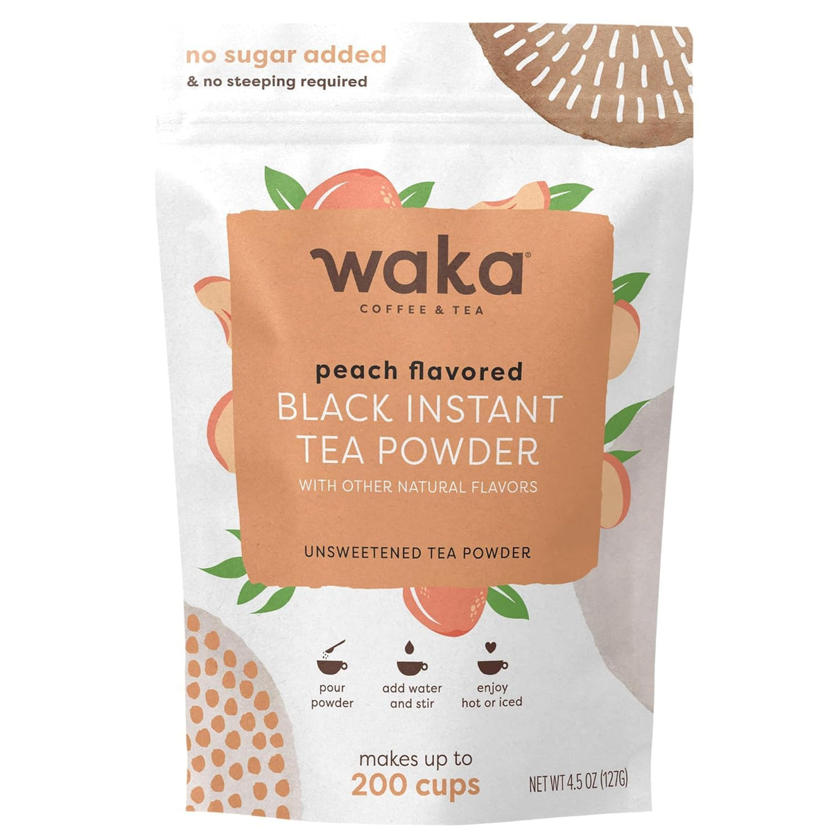 Waka Instant Black Tea Peach powder pack ready for quick tea.