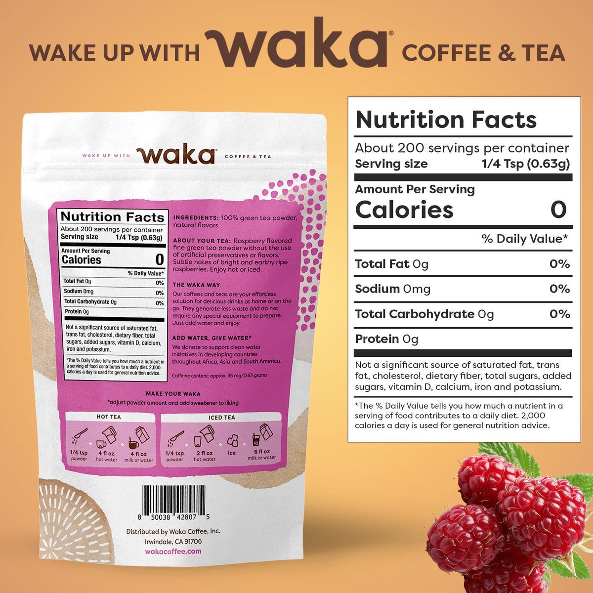 Waka Instant Green Tea dissolves easily for hot or iced beverages.