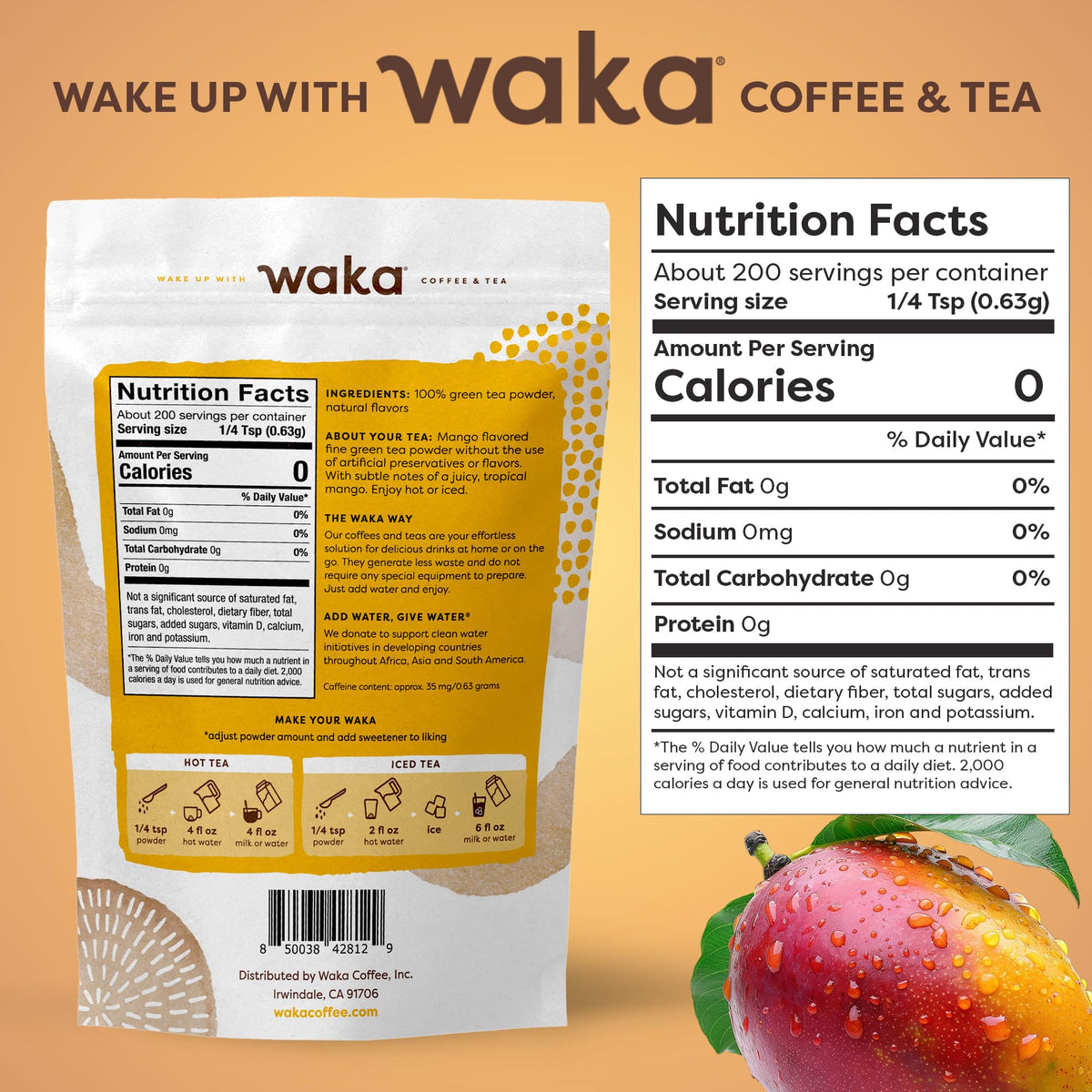Waka Instant Green Tea Mango served hot or iced for fast refreshment