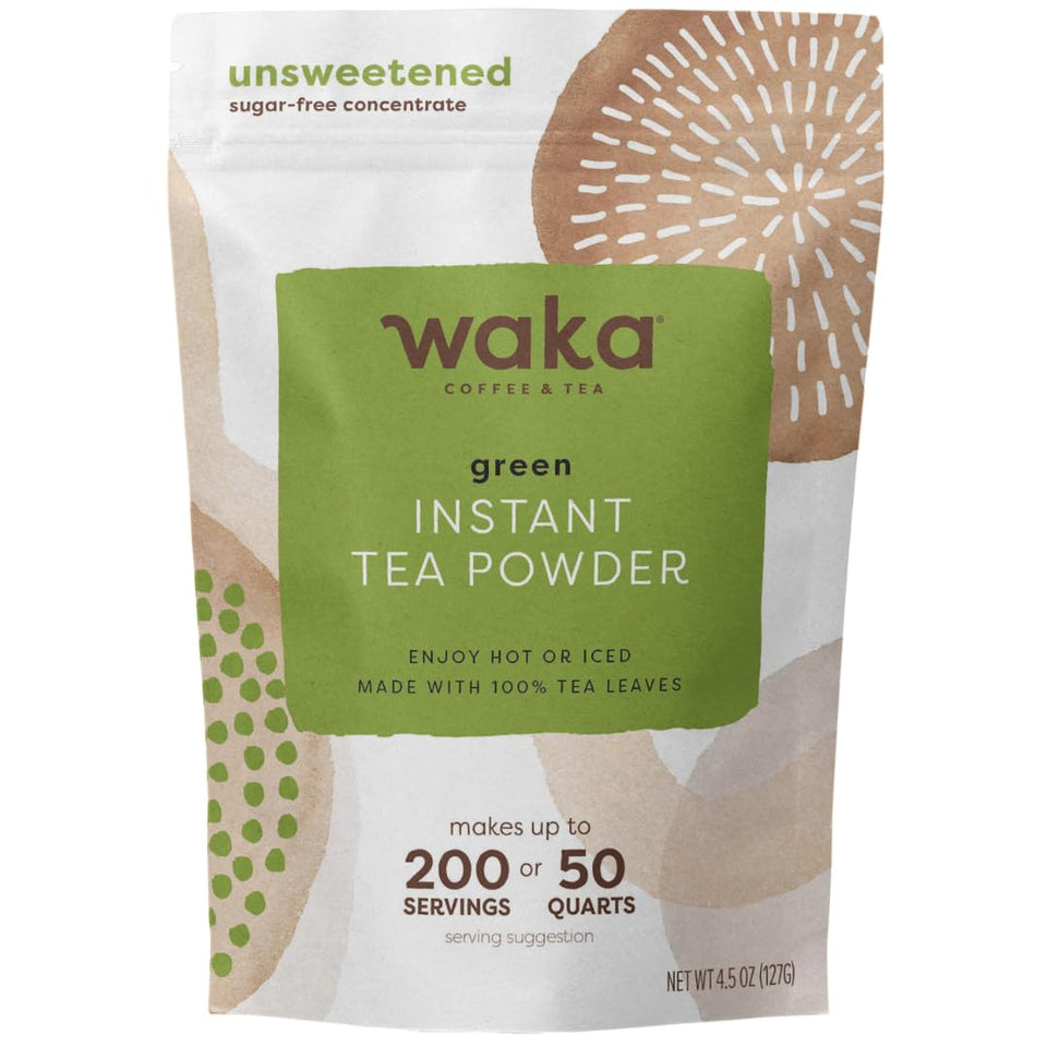 Waka Instant Green Tea Mix jar on shelf for quick, unsweetened tea