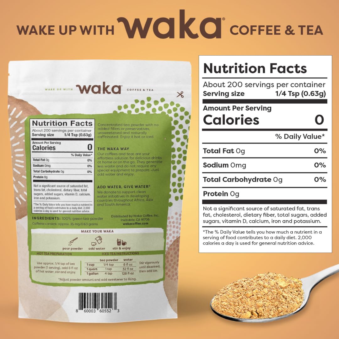 Waka Instant Green Tea Mix foil pouch close-up showing clean ingredients