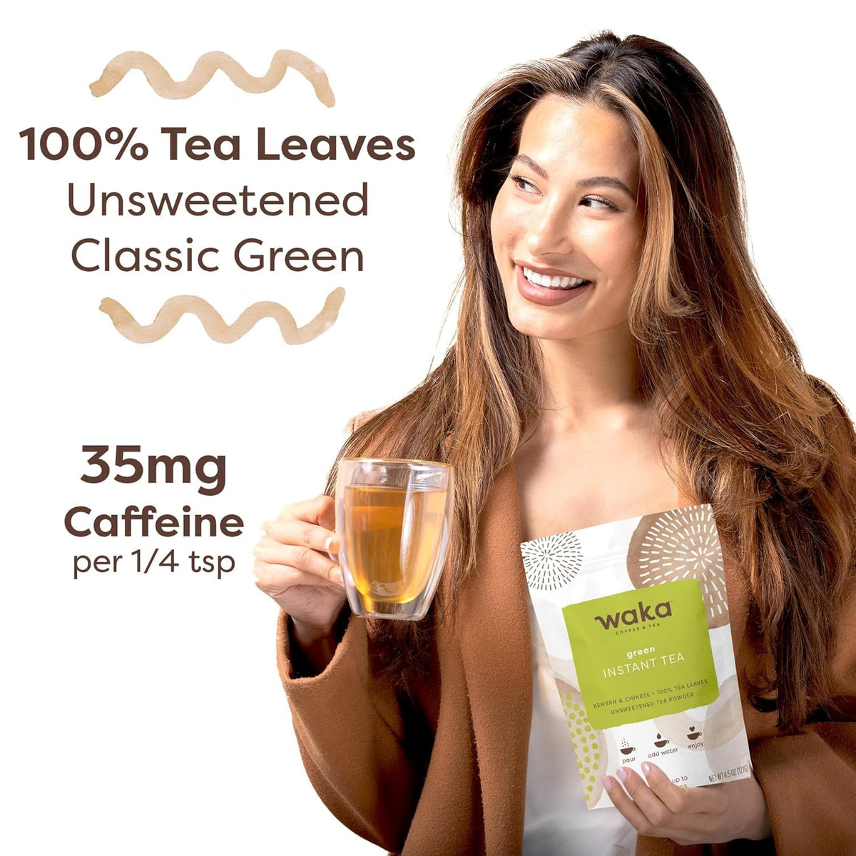 Graphic note indicating about 35 mg caffeine per serving for a gentle lift.