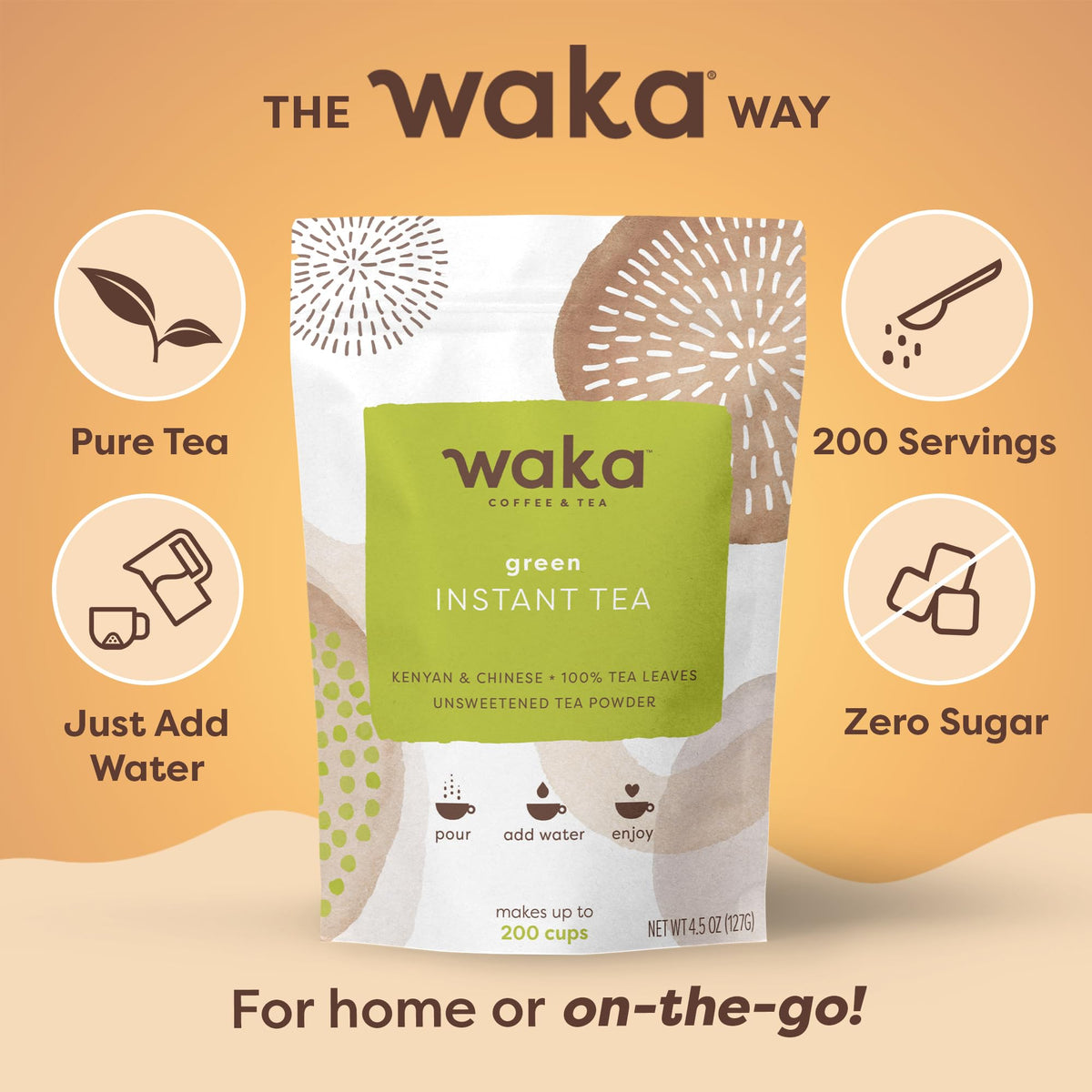 Hot cup of Waka Instant Green Tea Mix Original ready to sip.