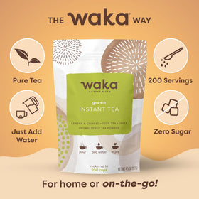 Hot cup of Waka Instant Green Tea Mix Original ready to sip.
