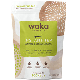 Waka Instant Green Tea Mix Original package front showing premium tea leaves for bold everyday flavor.