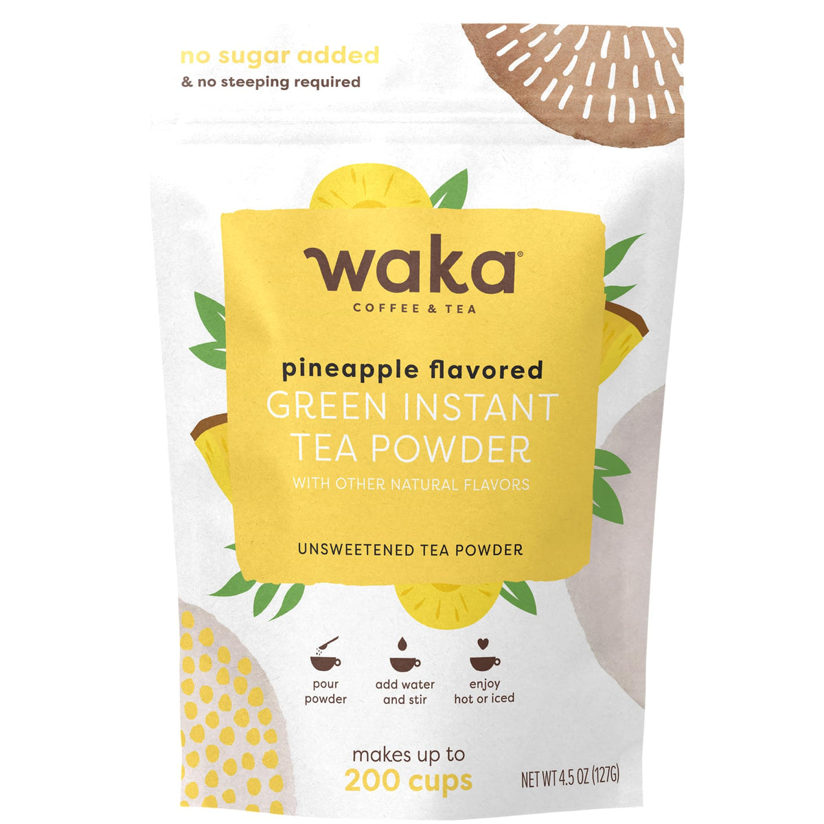 Waka Instant Green Tea Pineapple pouch front for quick bulk tea