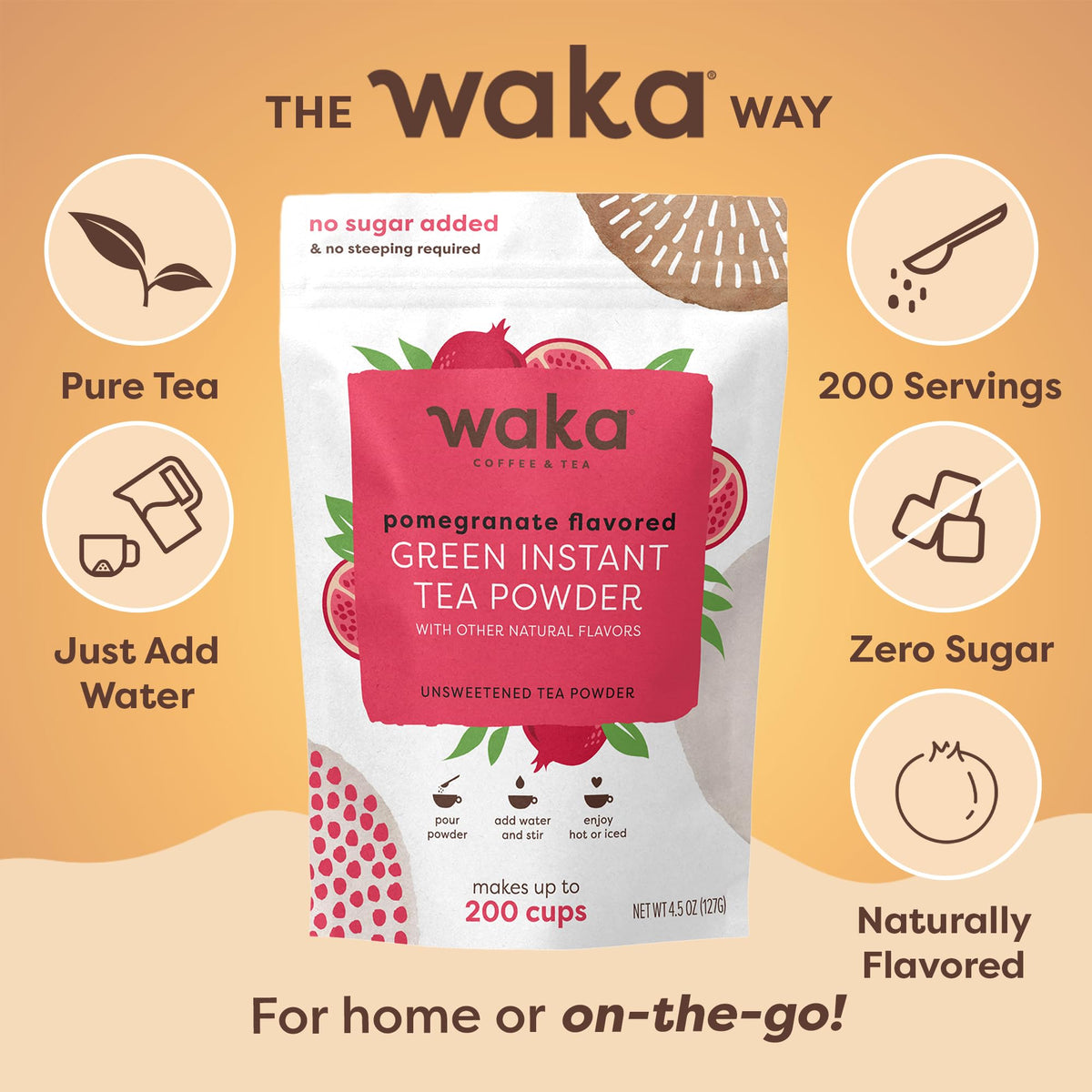 Waka Instant Green Tea Iced Glass delivers refreshing cold pomegranate notes