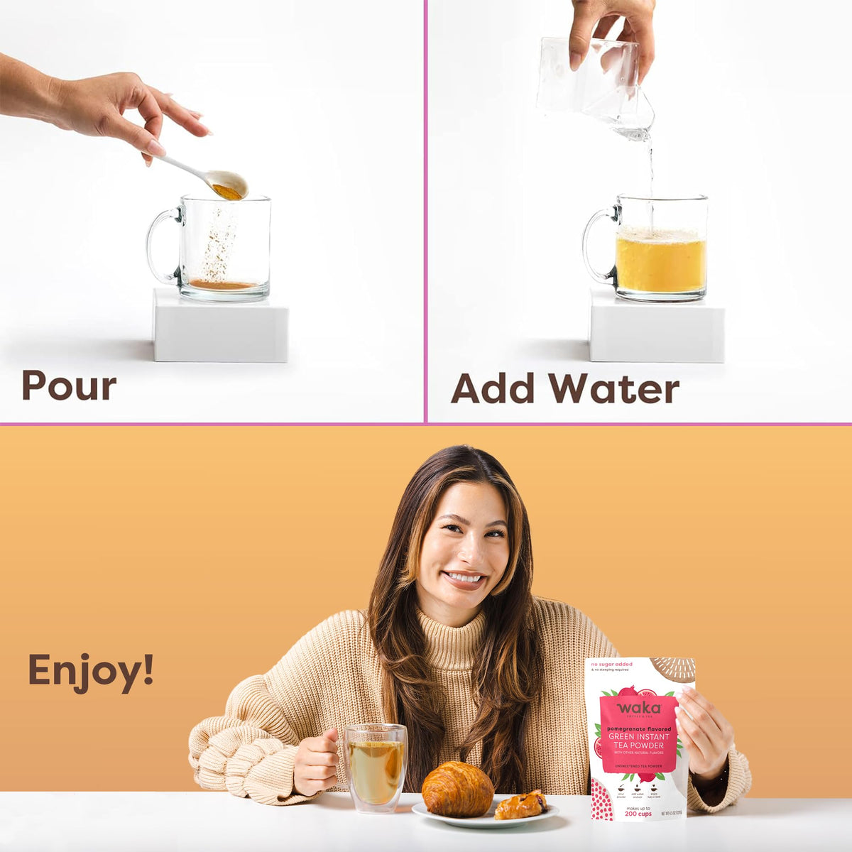 Waka Instant Green Tea Mix-Stir demonstrates quick, versatile preparation