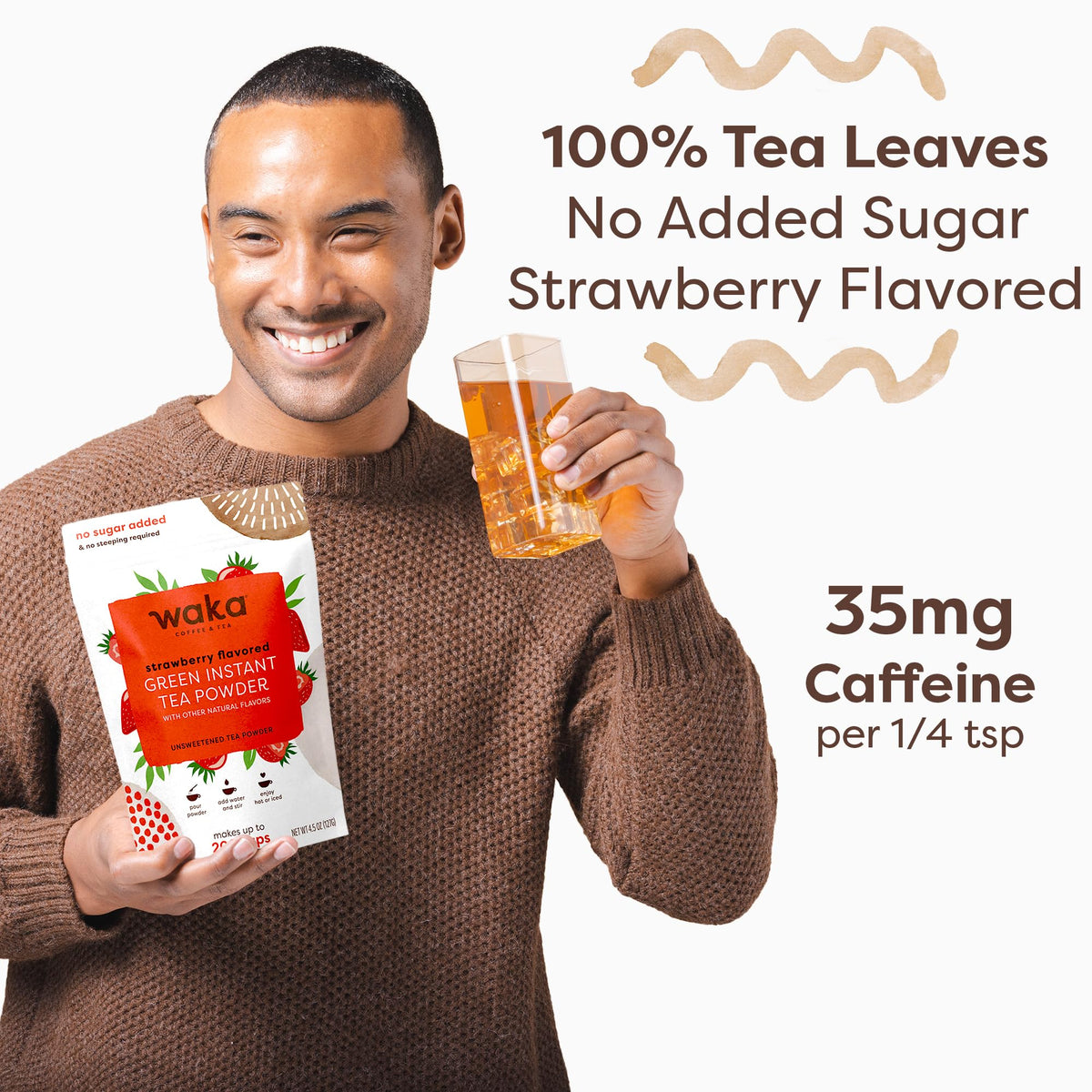 Bulk pouch of Waka Instant Green Tea Strawberry on a counter