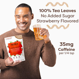 Bulk pouch of Waka Instant Green Tea Strawberry on a counter