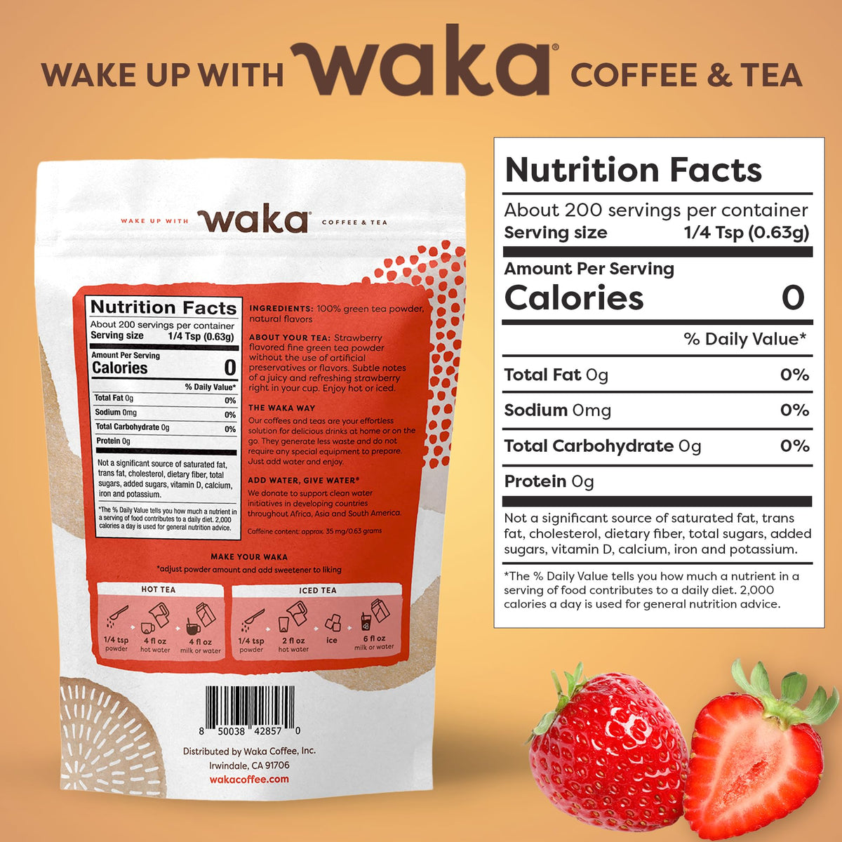 Waka Instant Green Tea Strawberry being stirred into a cup for a quick refreshment