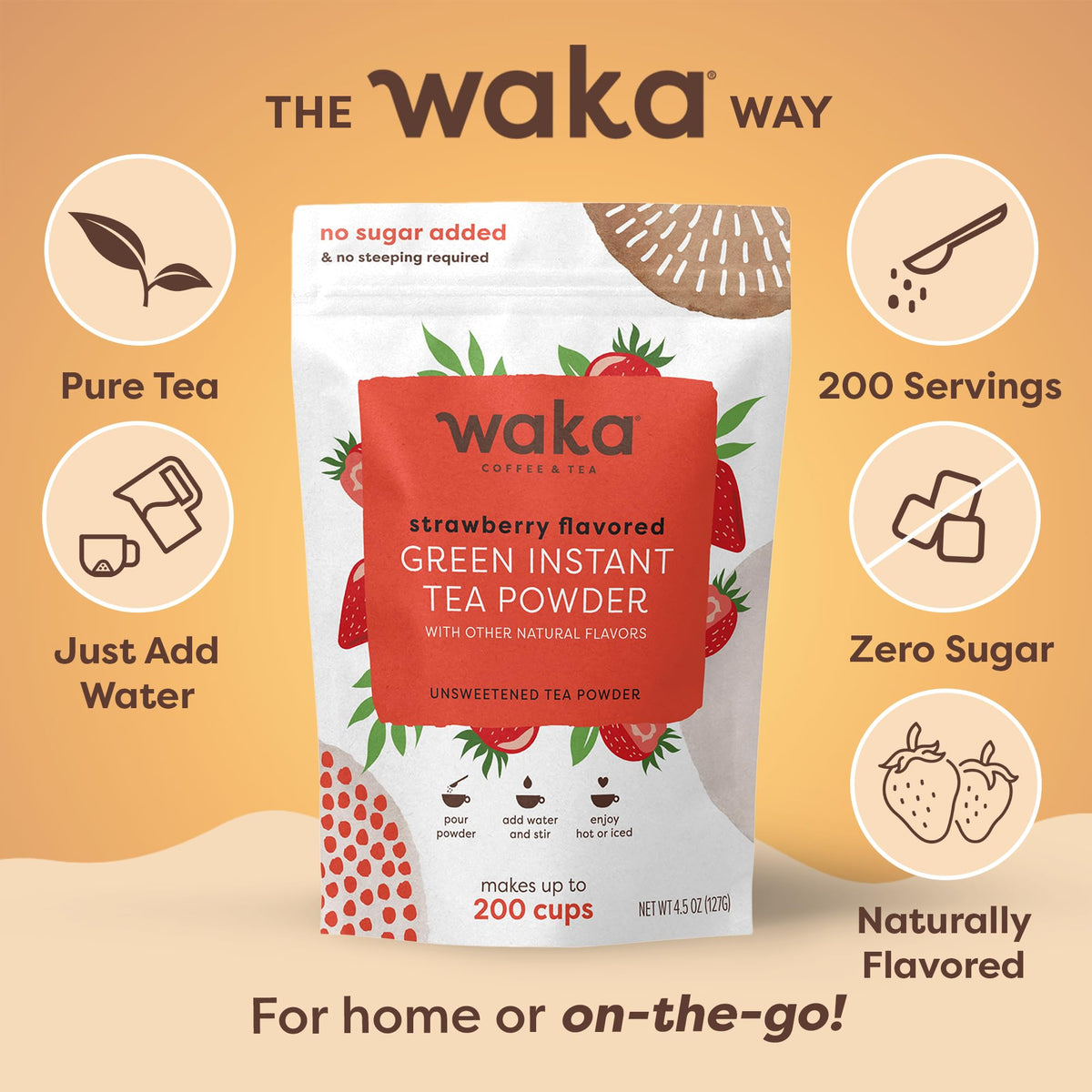 Waka Instant Green Tea Strawberry poured over ice in a tall glass