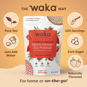 Waka Instant Green Tea Strawberry poured over ice in a tall glass