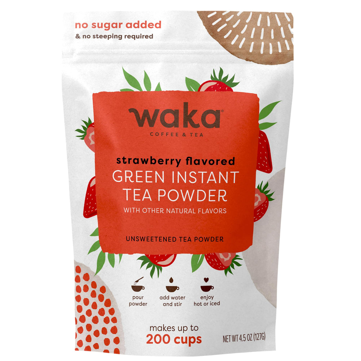 Waka Instant Green Tea Strawberry powder dissolving smoothly for hot or iced tea