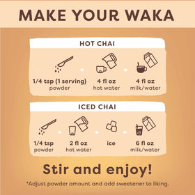 Eco-friendly packaging of Waka chai powder made with post-consumer recycled content.