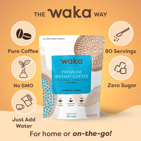 Waka Premium Instant Coffee pouch open, ideal for fast aroma-rich hot coffee