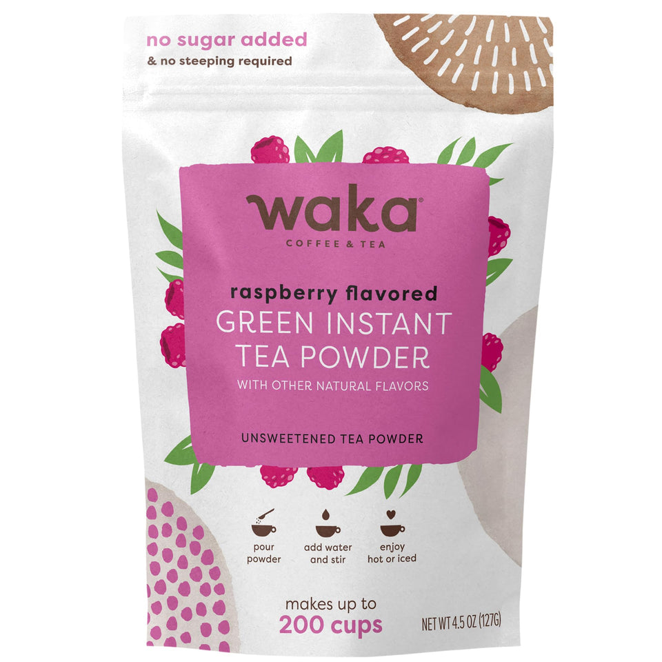 Waka Raspberry Green Tea powder in bulk packaging ready to whisk into drinks.
