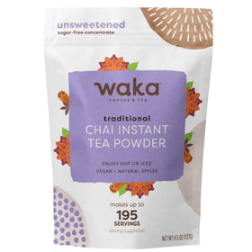 Waka Traditional Chai Tea Powder pouch on countertop, vegan and sugar-free option.