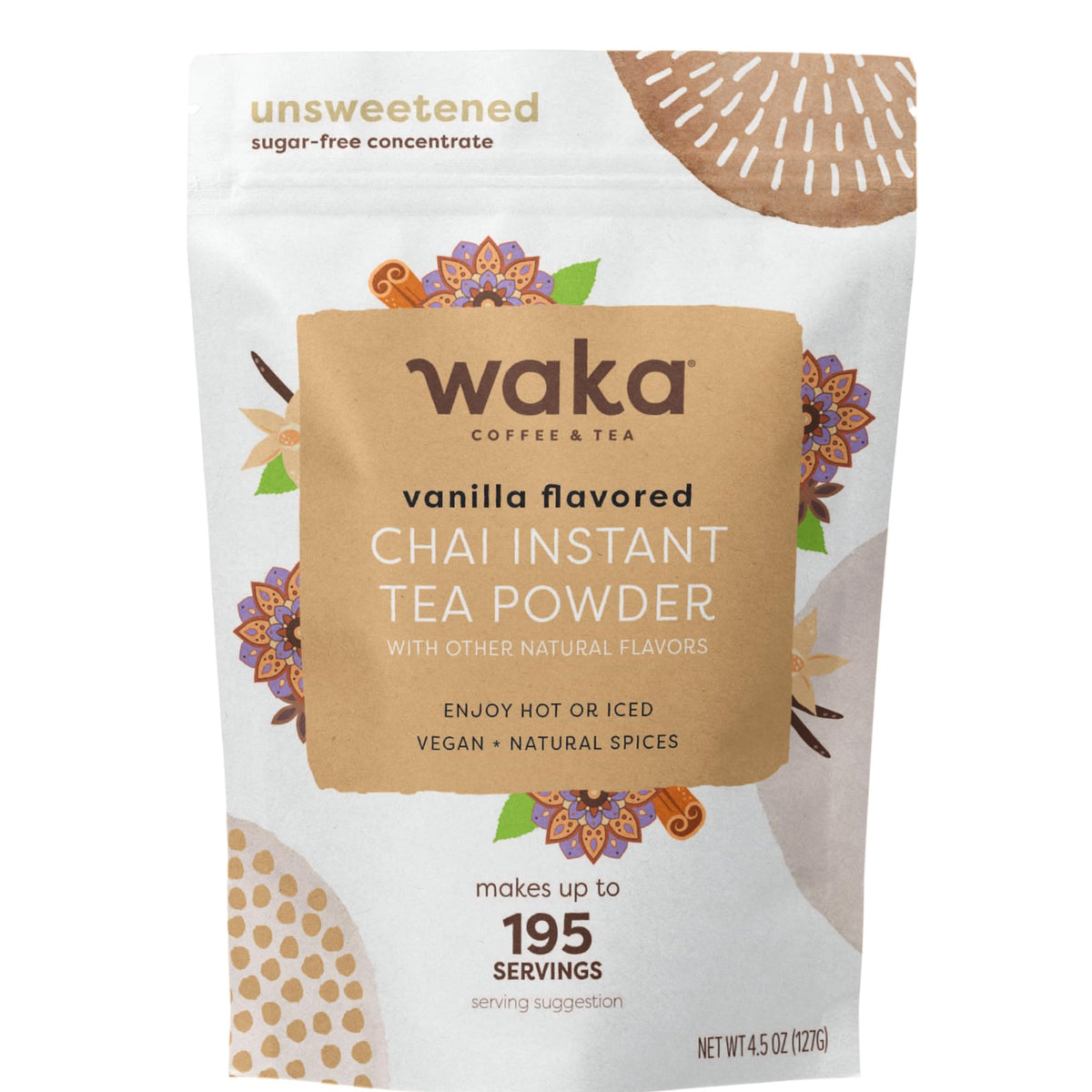 Waka Vanilla Chai tea powder pouch showing reseal for freshness.