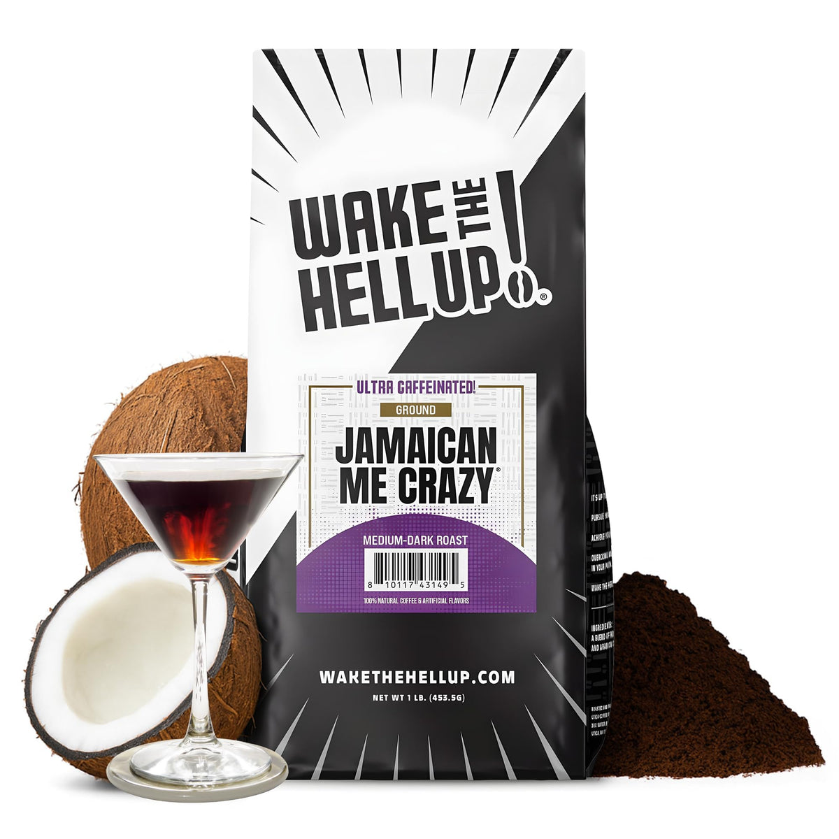 Wake The Hell Up! 1lb Ultra-Caffeinated Jamaican Me Crazy Ground Coffee bag delivers a powerful morning energy boost.