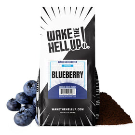 Wake The Hell Up! packaging shows 1lb blueberry coffee with bold flavor potential.