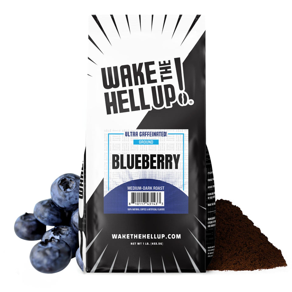 Wake The Hell Up! packaging shows 1lb blueberry coffee with bold flavor potential.