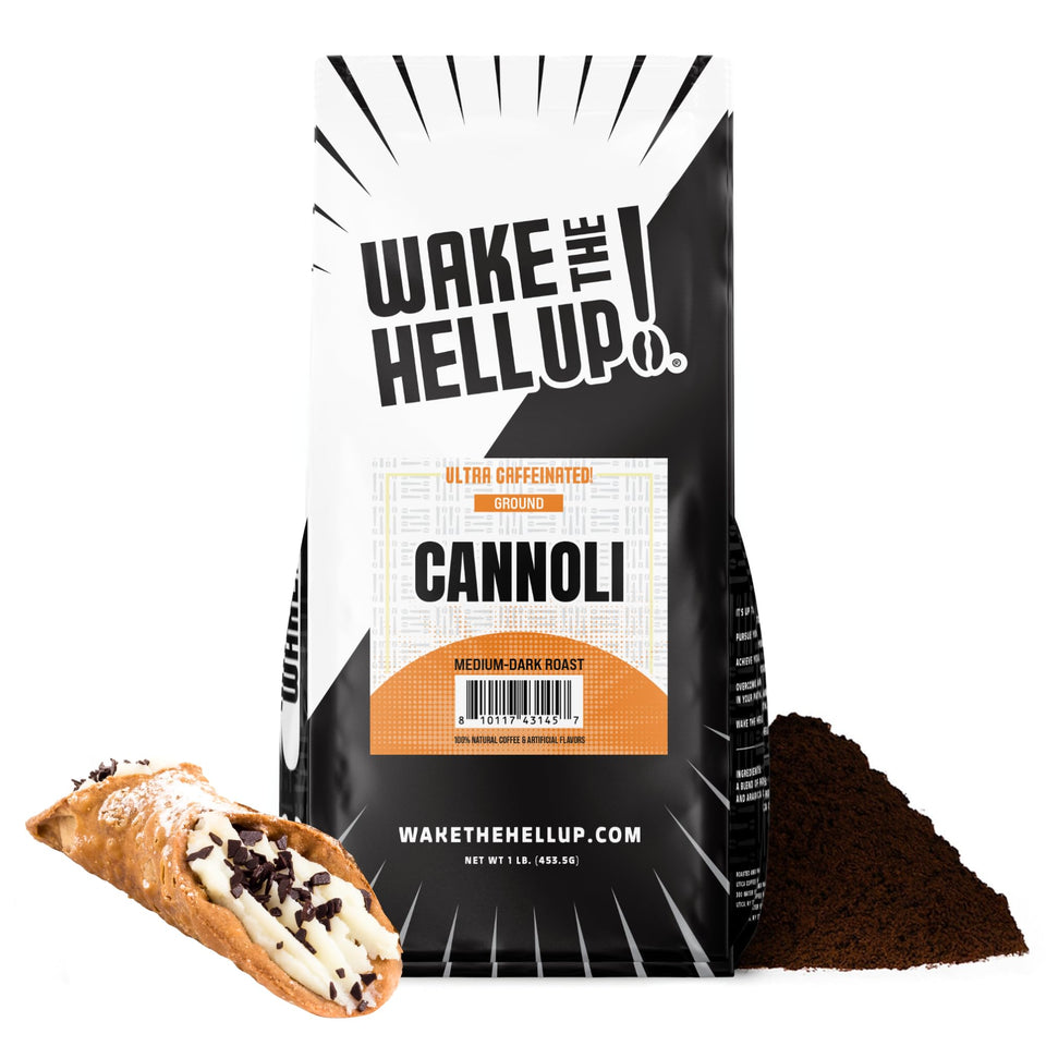 Wake The Hell Up Cannoli ground coffee packaging front for a strong morning boost