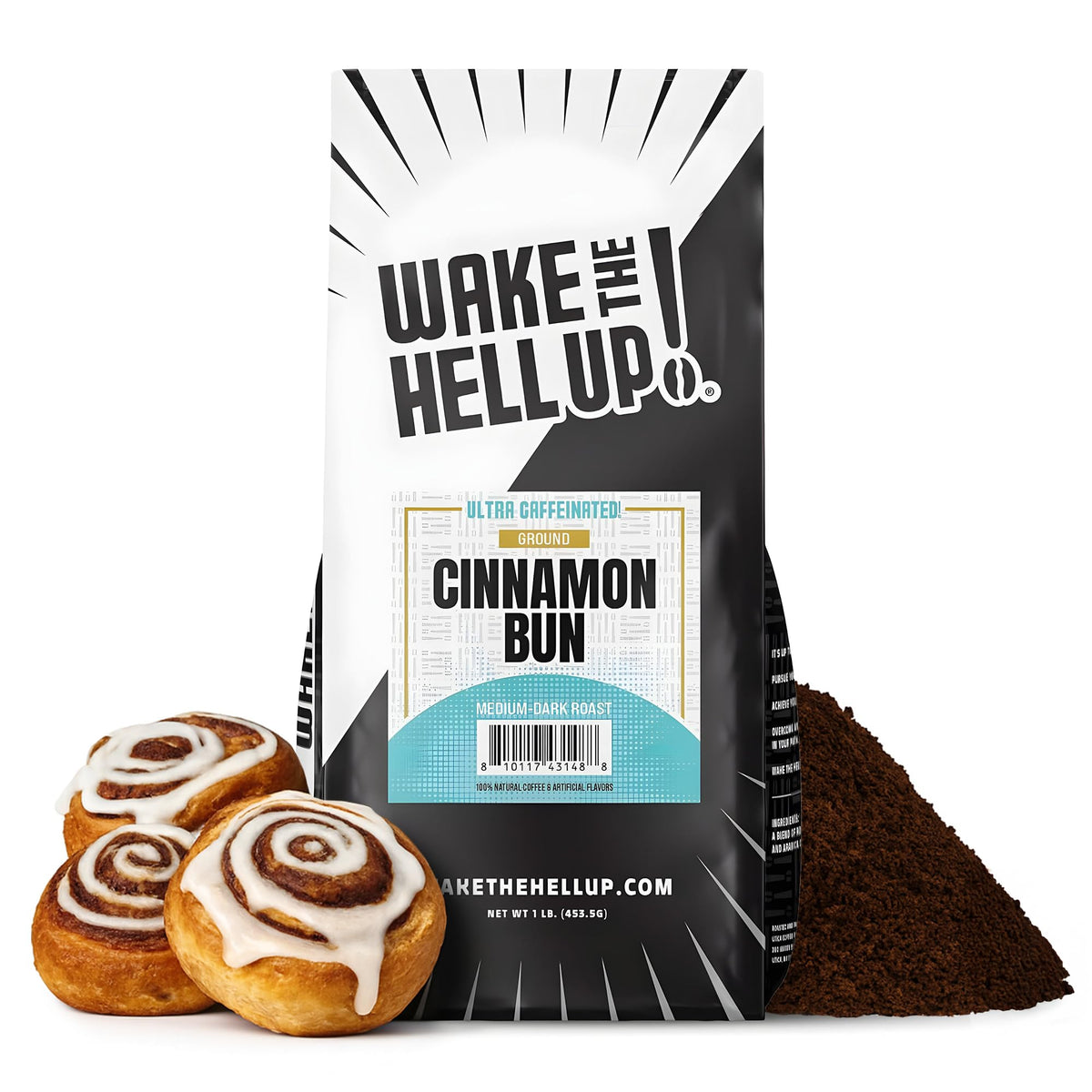Wake The Hell Up! Cinnamon Bun packaging, premium bag for bold morning energy.