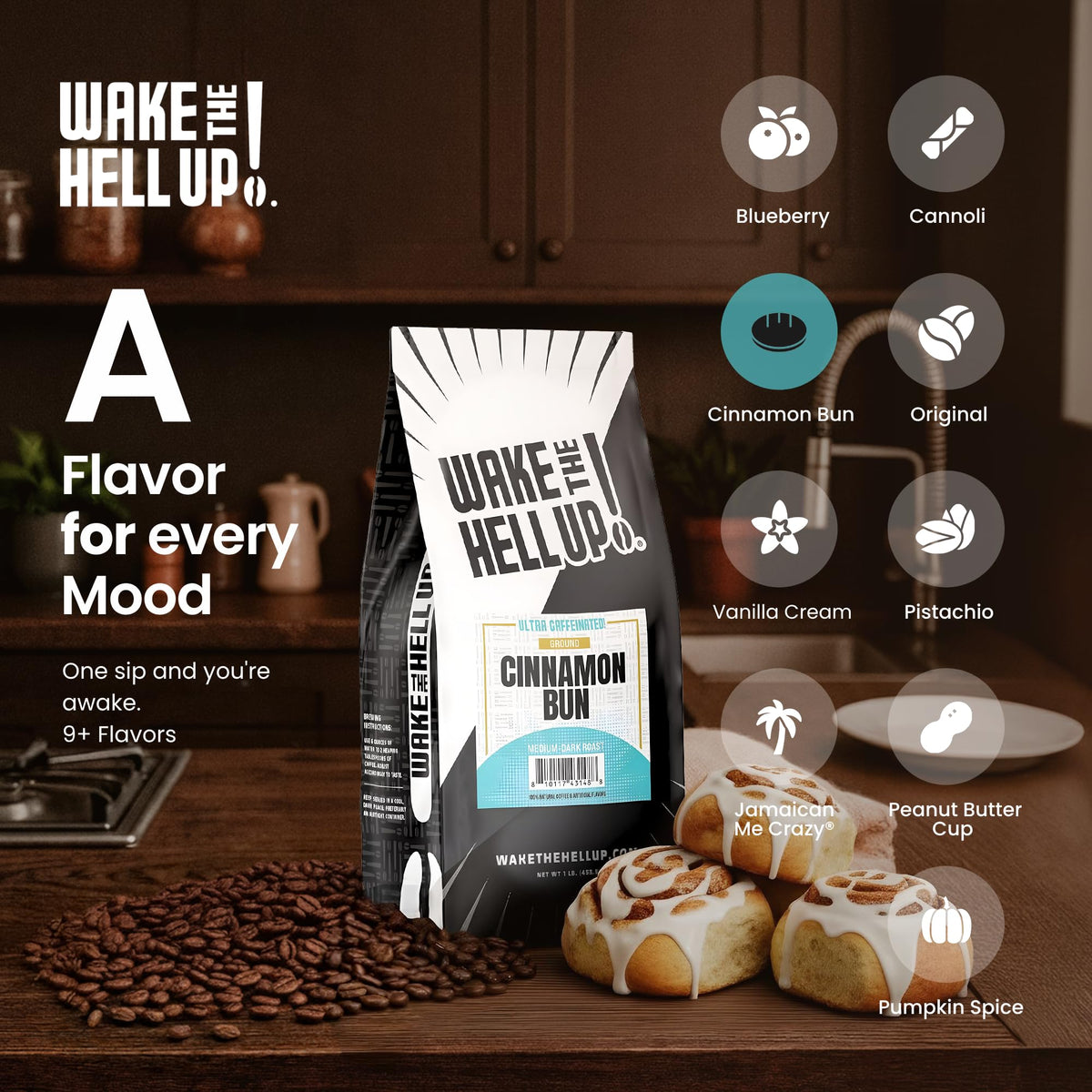 Wake The Hell Up! Cinnamon Bun scoop measures the perfect ground coffee amount.