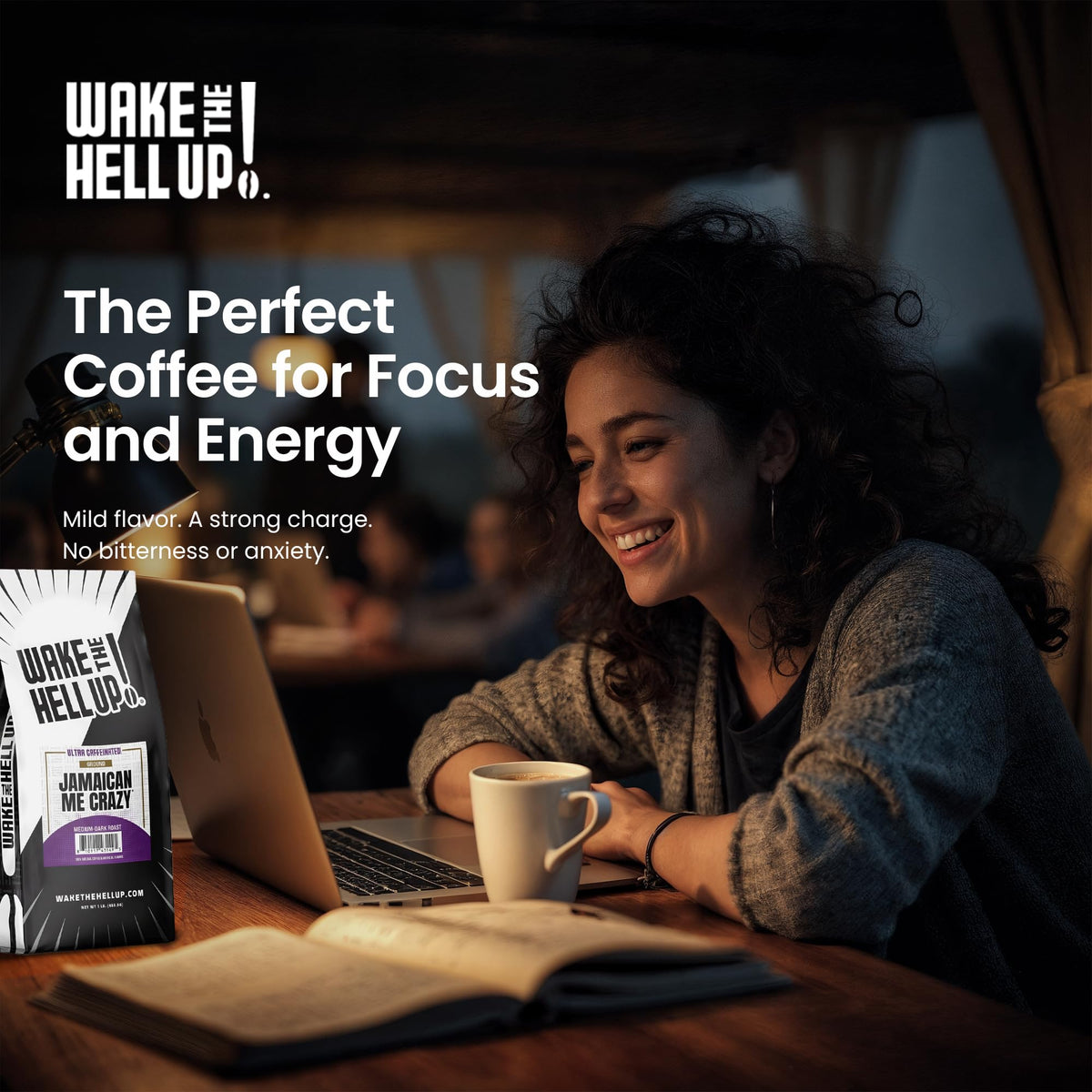 Wake The Hell Up! farm-sourced Colombia, Brazil, and Mexico label signals quality origins.