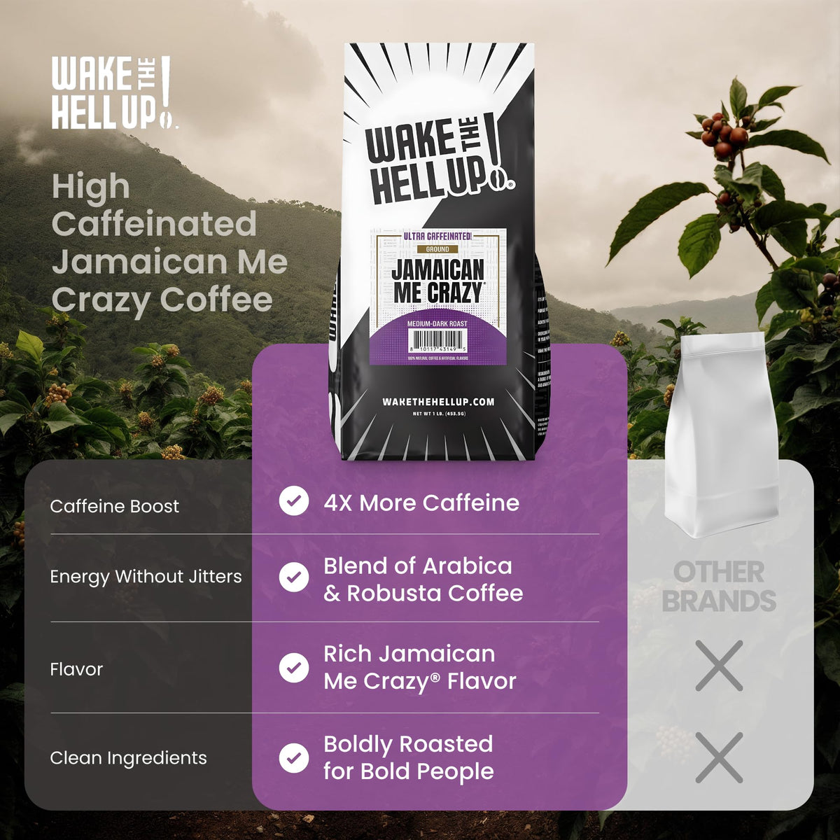 Wake The Hell Up! med-dark roast bag highlights balanced intensity for everyday mornings.