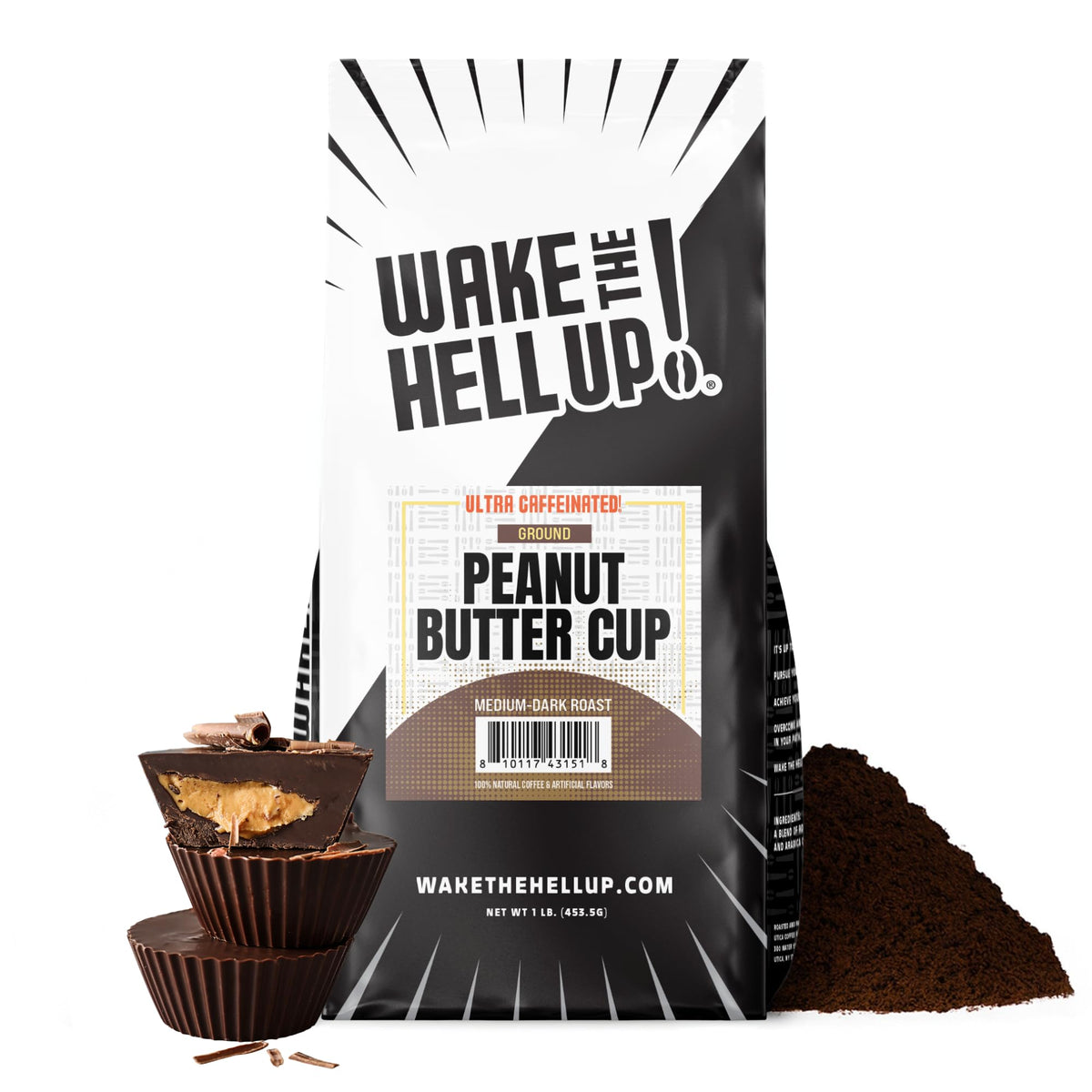 Wake The Hell Up Peanut Butter Cup Ground Coffee packaging for a bold morning boost