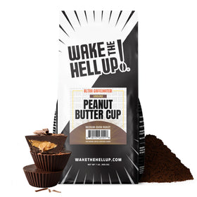 Wake The Hell Up Peanut Butter Cup Ground Coffee packaging for a bold morning boost