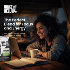 Wake The Hell Up! pistachio ground coffee bag label emphasizes low acid profile.