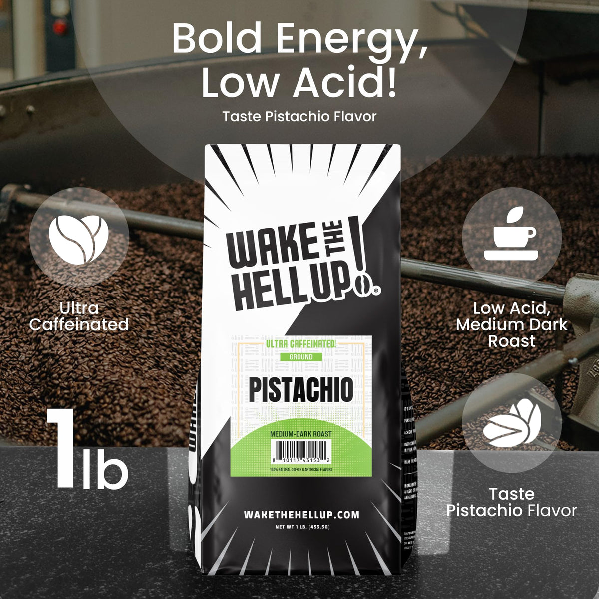 Wake The Hell Up! pistachio ground coffee bean close-up highlights premium blend.