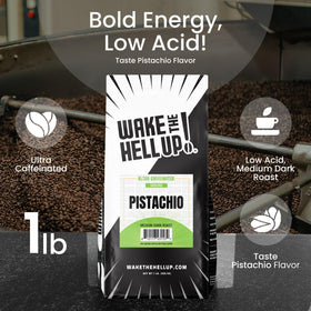 Wake The Hell Up! pistachio ground coffee bean close-up highlights premium blend.